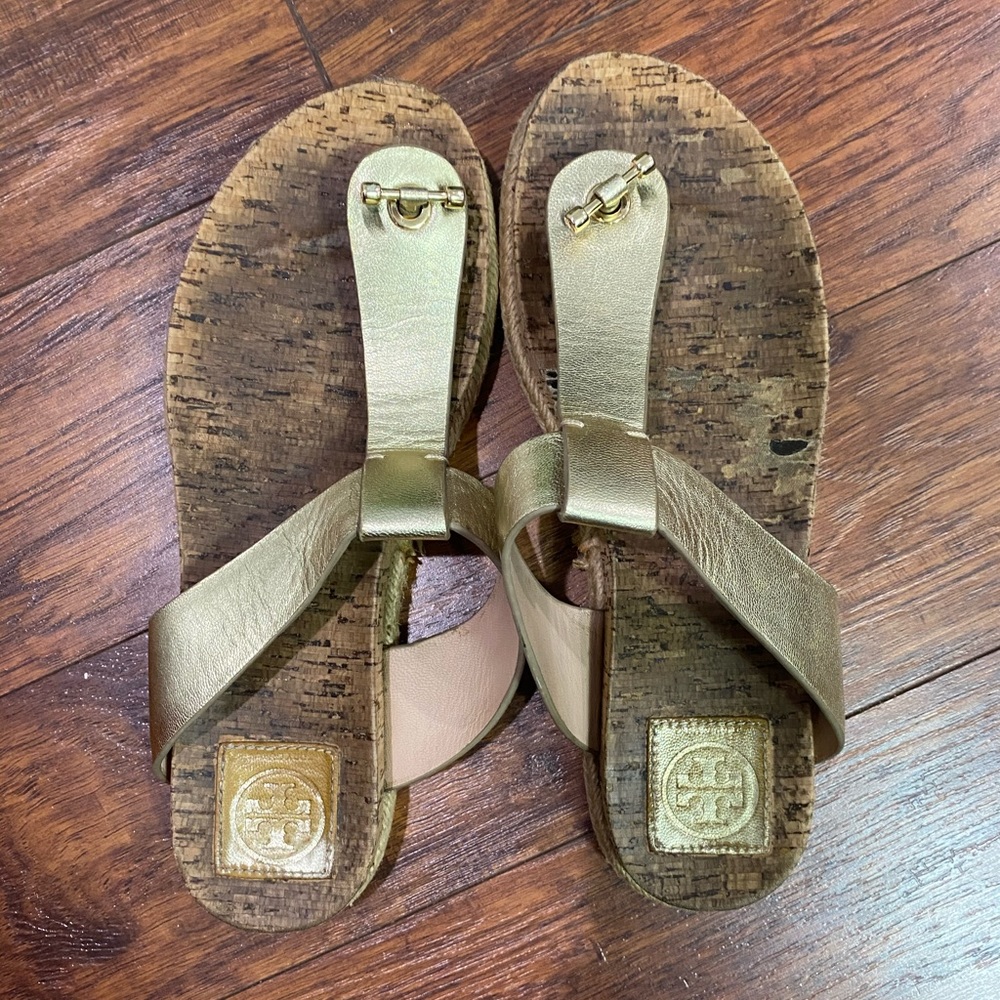 Tory Burch gold cork thong sandals